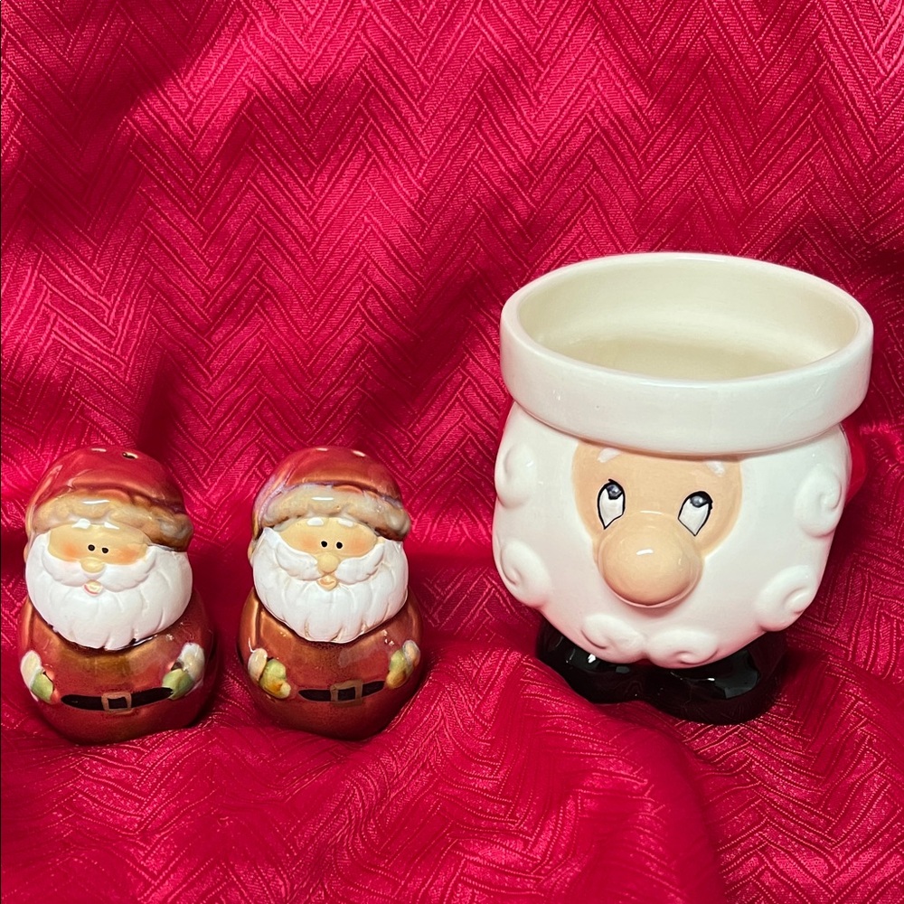 White Santa Face Ceramic Planter with Red Santa Salt & Pepper Shakers Bundle Set